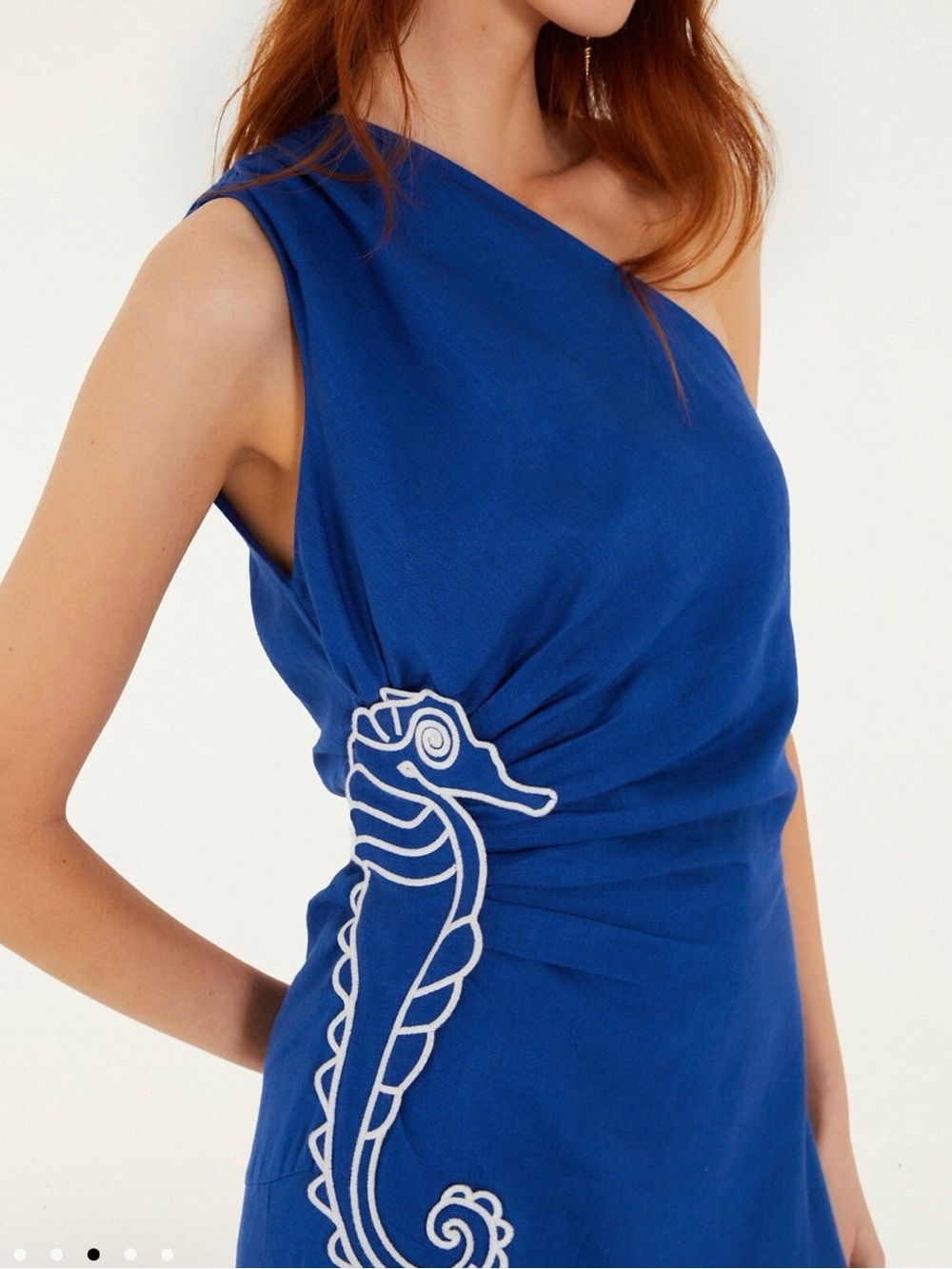 FARM Rio Cobalt Blue One-Shoulder Dress with White Seahorse Detail